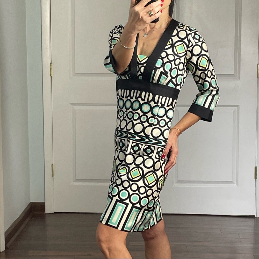 Milly 100% Silk Geo Print Elbow Sleeves Dress size 0 - Picture 3 of 14
